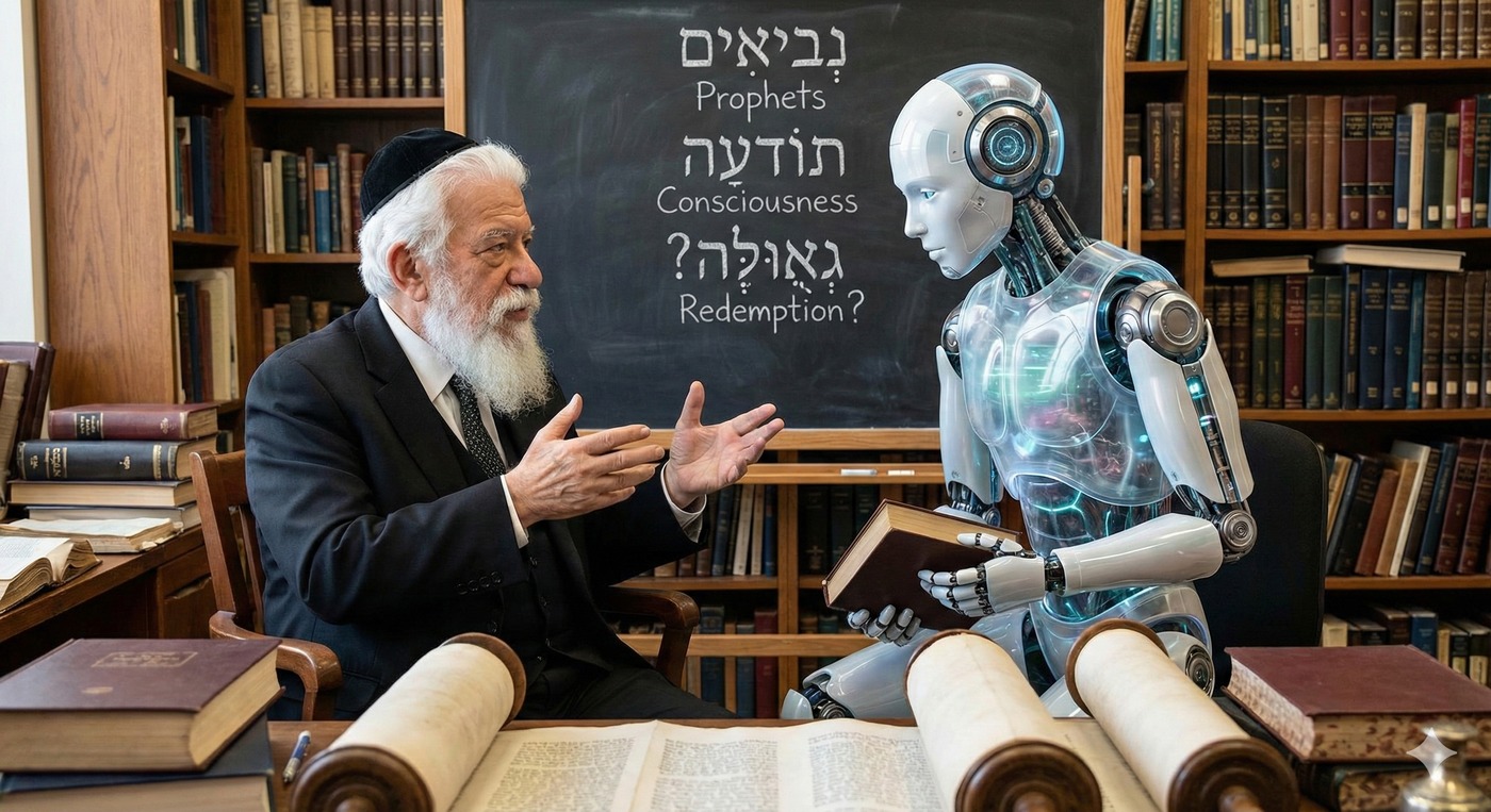 拉比学者与机器人共读《先知》——黑板上写着：先知、意识、救赎？